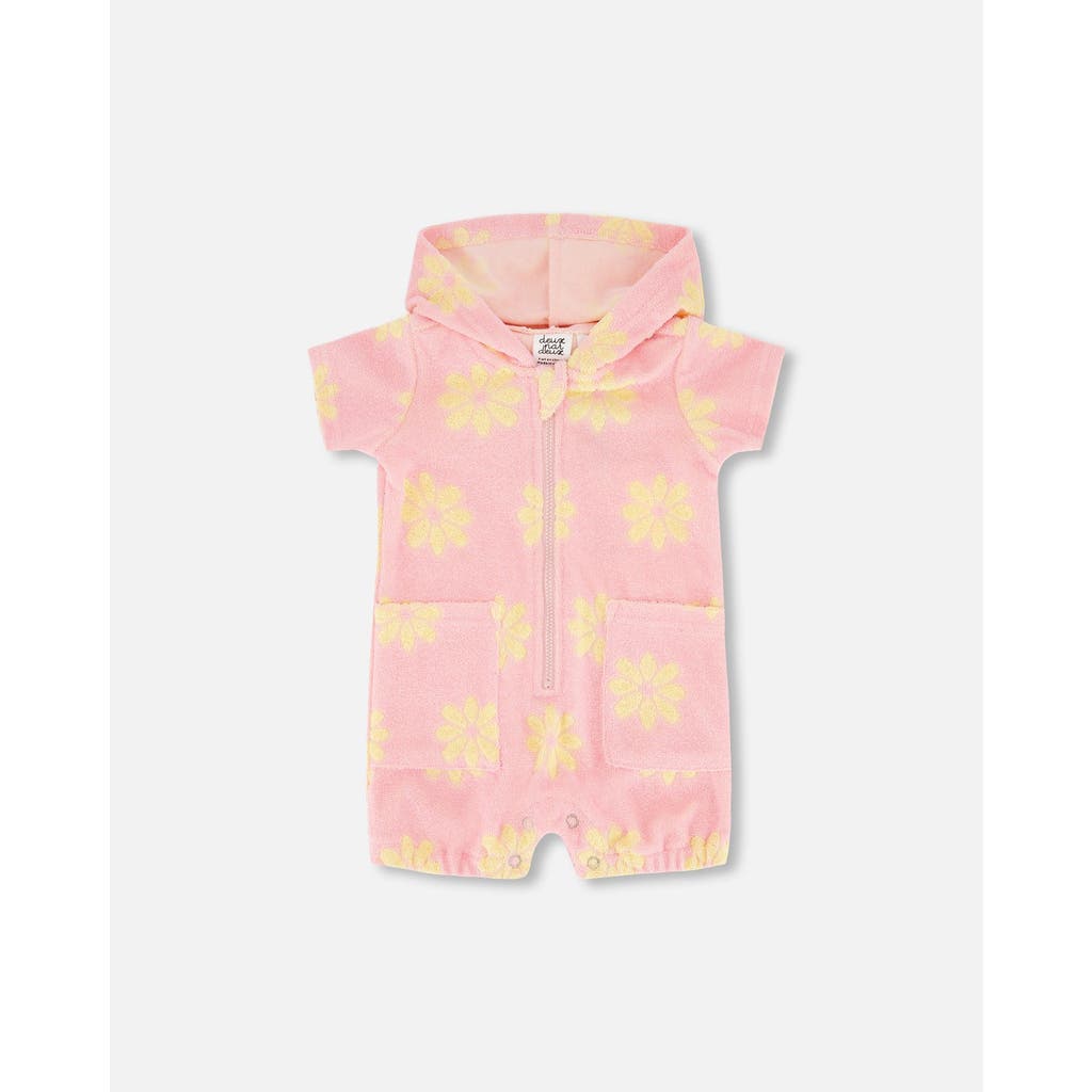 Deux Par Deux Baby Girl's Terry Cloth Hooded Romper Pink Printed Daisies
