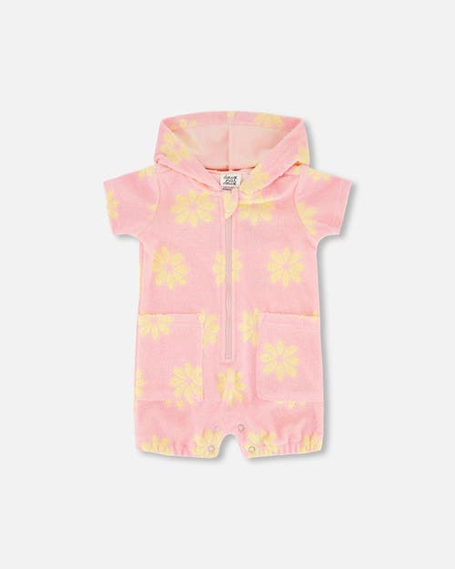 Deux Par Deux Baby Girl's Terry Cloth Hooded Romper Pink Printed Daisies at Nordstrom, Size 18M
