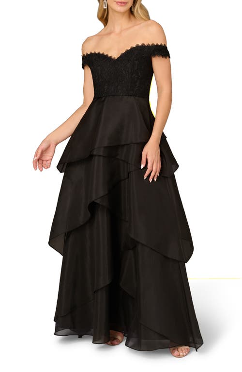 Shop Aidan Mattox By Adrianna Papell Lace & Organza Off The Shoulder Ballgown In Black