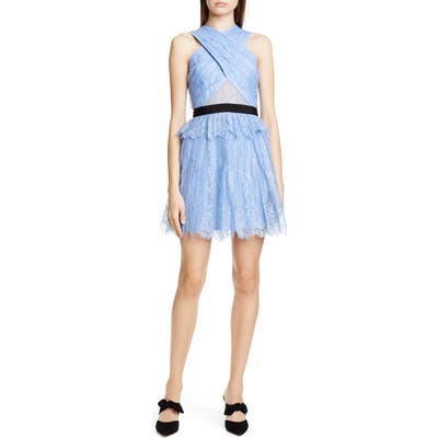 Self-Portrait Cross Front Lace Minidress, Blue