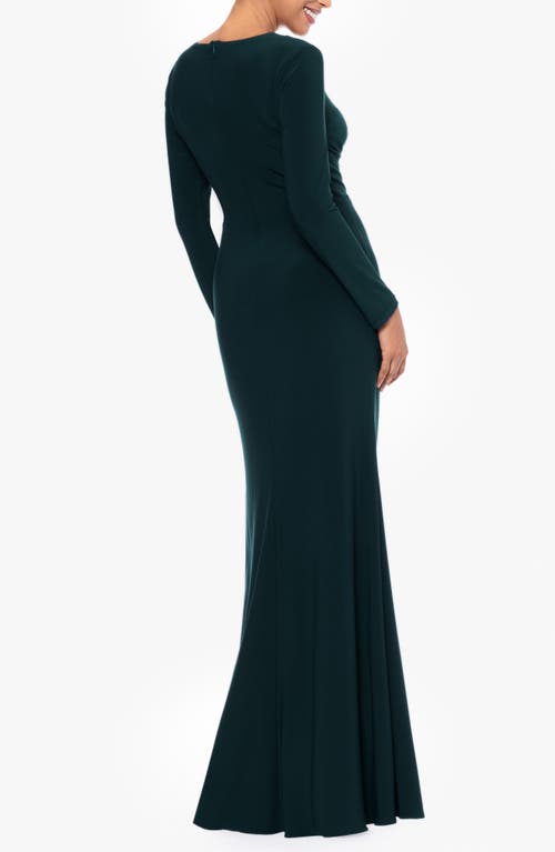 Shop Betsy & Adam Cascade Ruffle Long Sleeve Stretch Jersey Gown In Pine