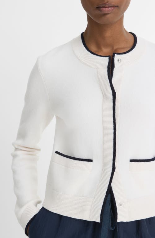 Vince Contrast Tipped Snap Front Cardigan In Off White/coastal