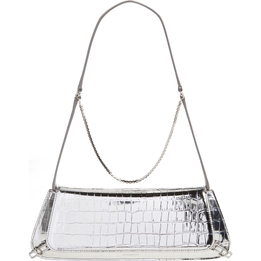 Shop Givenchy Voyou Metallic Croc Embossed Leather Shoulder Bag In Light Silvery