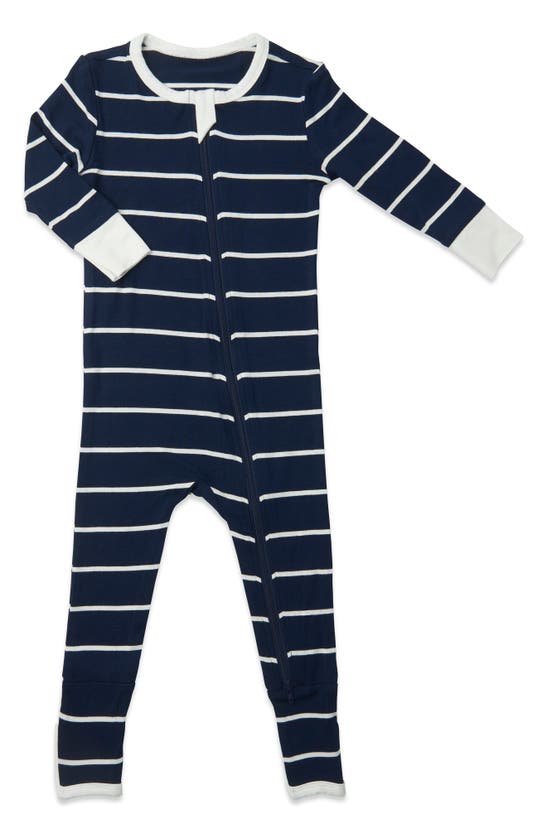 Shop Baby Grey By Everly Grey Print Footie In Navy Stripe/