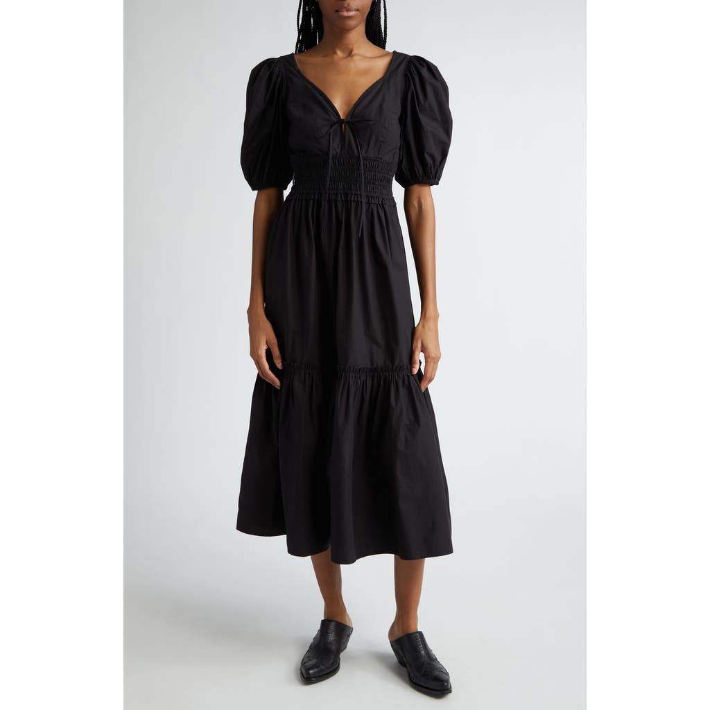 Ganni Organic Cotton Poplin Tiered Dress In Black