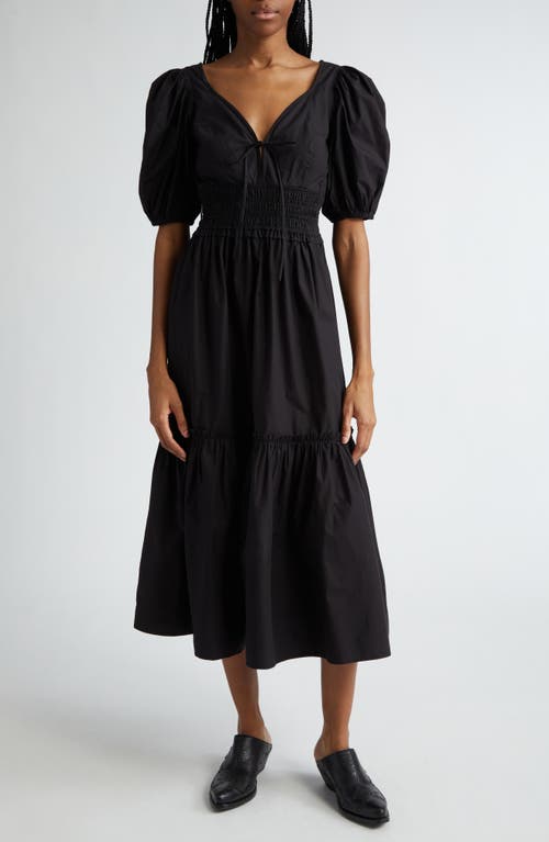 Shop Ganni Organic Cotton Poplin Tiered Dress In Black