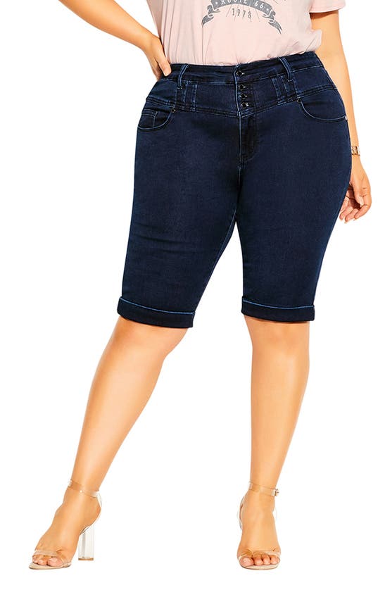 City Chic High Waist Cuffed Denim Bermuda Shorts In Dark Denim