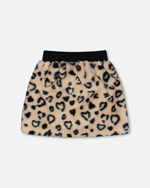 Deux Par Deux Girl's Printed Faux Fur Skirt Leopard In Printed Hearts