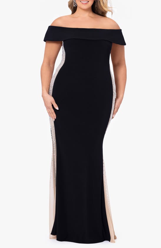 Shop Xscape Evenings Caviar Beaded Off The Shoulder Gown In Black/ Beige/ Silver
