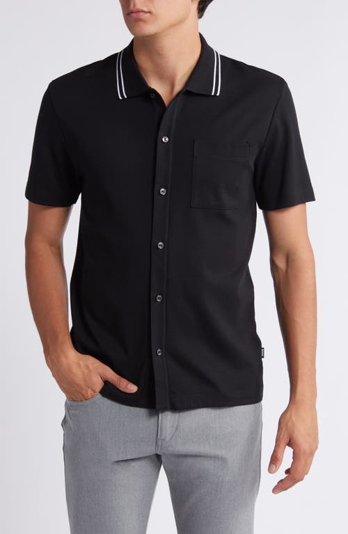 Shop Hugo Boss Boss Powell Tipped Short Sleeve Knit Button-up Shirt In Black