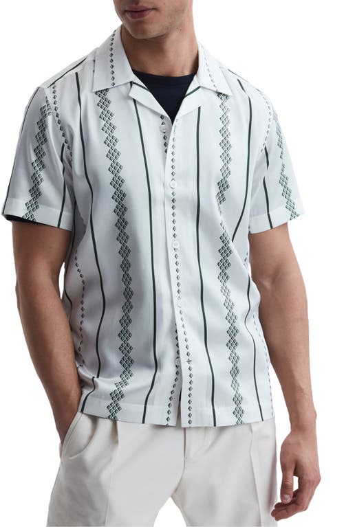 Reiss Nyx Geo Stripe Short Sleeve Button-Up Camp Shirt in Ecru/Green