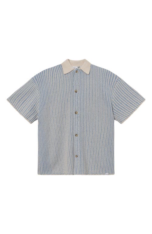 Easton Short Sleeve Button-Up Sweater in Washed Denim Blue/Ivory