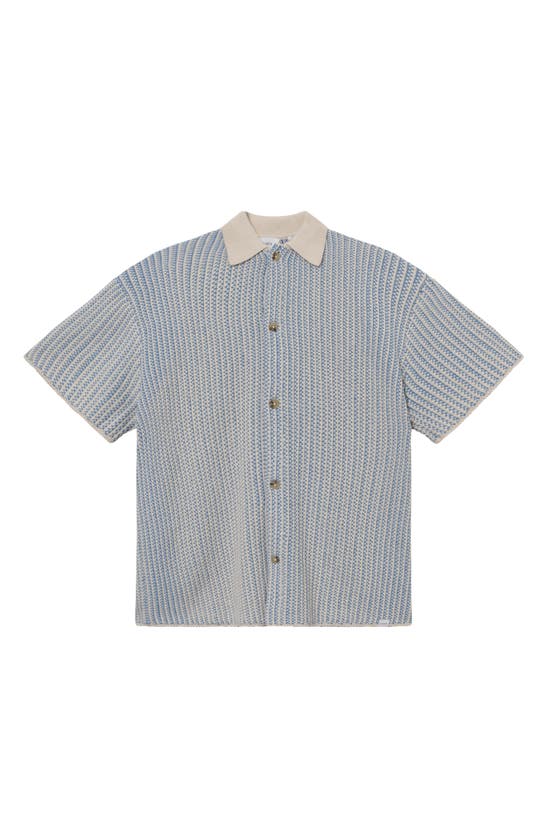 Shop Les Deux Easton Short Sleeve Button-up Sweater In Washed Denim Blue/ Ivory