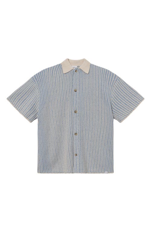 Shop Les Deux Easton Short Sleeve Button-up Sweater In Washed Denim Blue/ivory