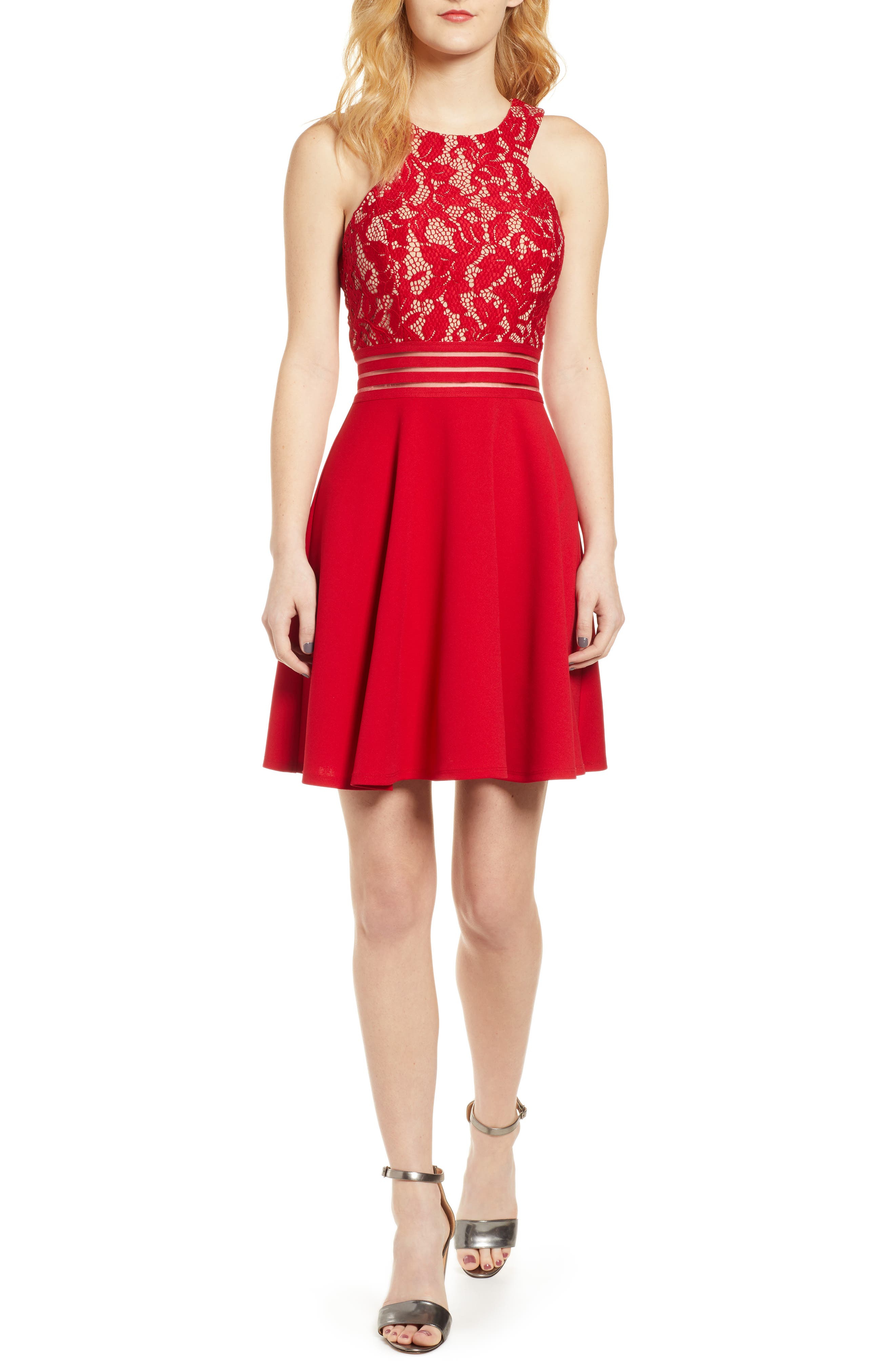 Speechless Lace Fit & Flare Dress, Red