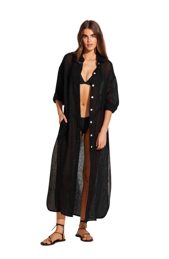 Shop Vitamin A ® Playa Long Seeve Linen Cover-up Maxi Shirtdress In Black Eco Linen