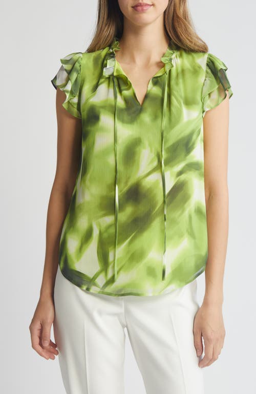 Anne Klein Ruffle Sleeve Tie Neck Chiffon Top In Green