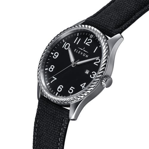 ELEVON ELEVON CROSSWIND CANVAS-OVERLAID LEATHER-BAND WATCH W/ DATE