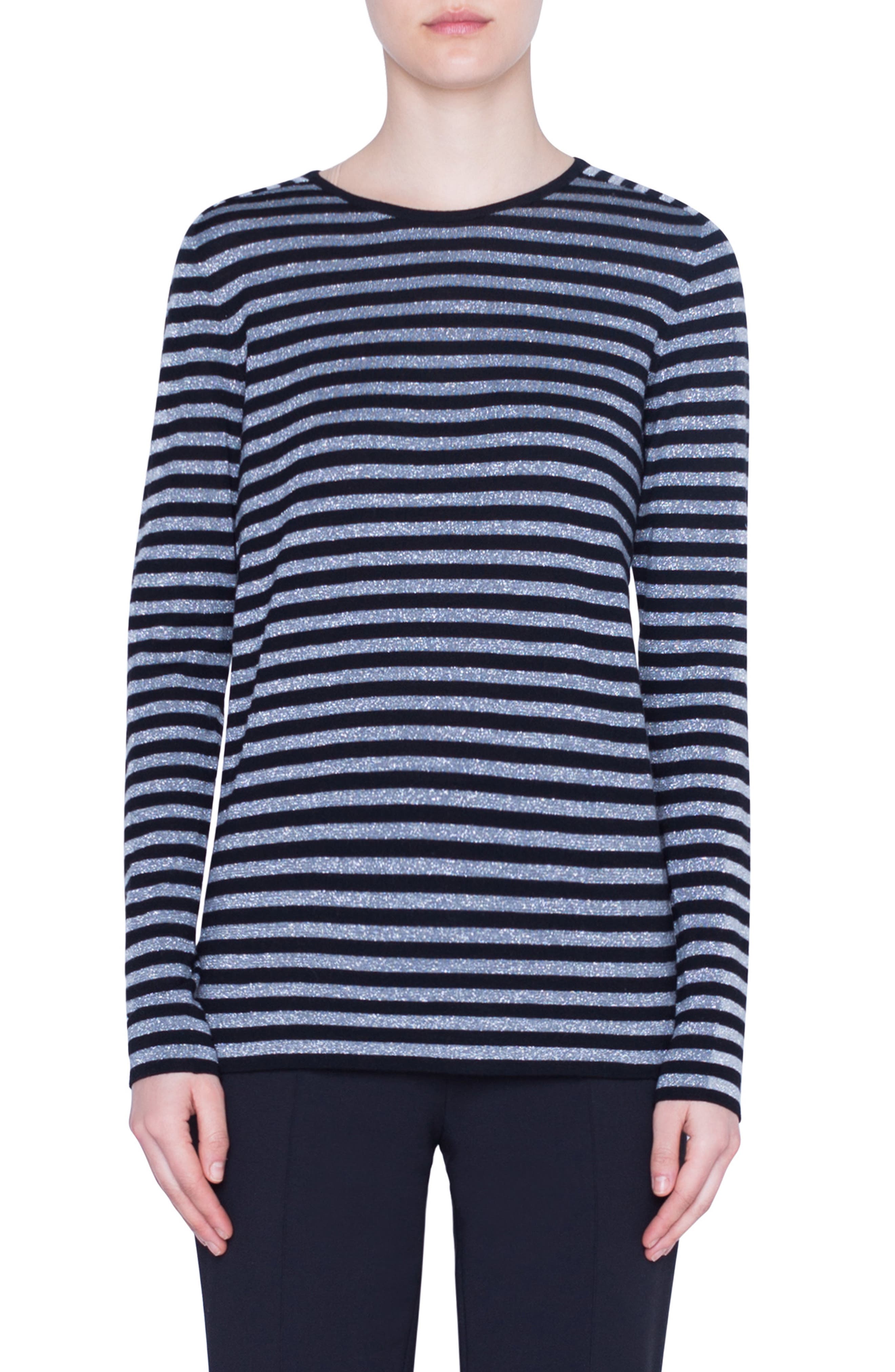 Akris Punto Metallic Stripe Wool Blend Sweater, Black