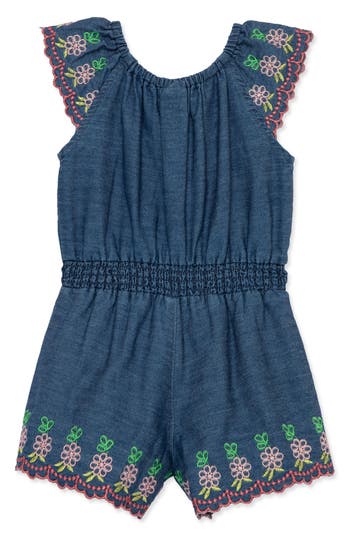 Shop Little Me Embroidered Flower Chambray Romper In Blue