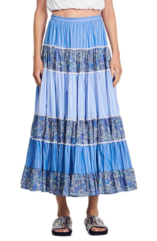 Sandro Mixed Print Tiered Cotton Skirt In Blu / White