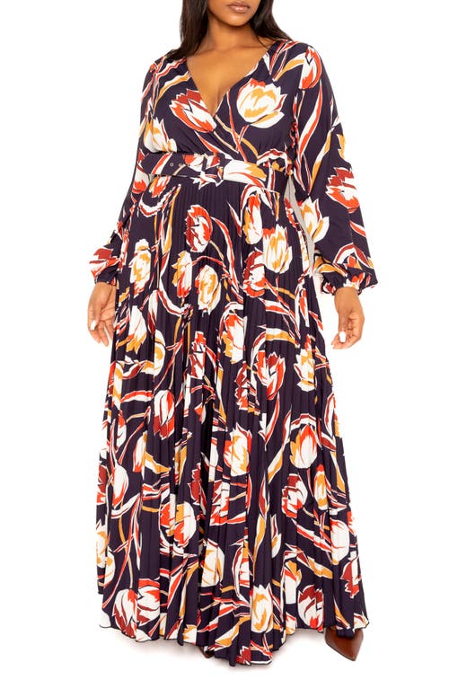 BUXOM COUTURE Floral Long Sleeve Pleated Maxi Dress in Navy Multi at Nordstrom, Size 3 X