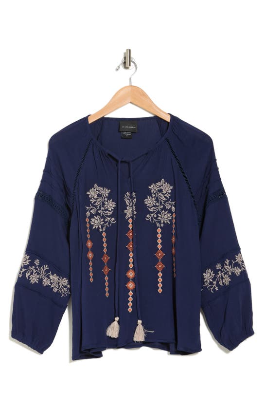 Forgotten Grace Embroidered Keyhole Long Sleeve Tunic Top In Navy