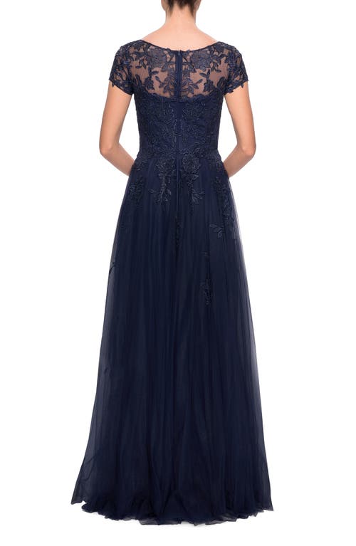 La Femme Beaded Lace Rhinestone A-line Evening Gown In Navy