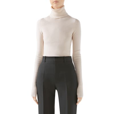 Gucci Ribbed Wool Blend Turtleneck Sweater, Ivory