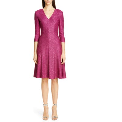St. John Collection Luxe Sequin Tuck Knit Fit & Flare Dress, Pink