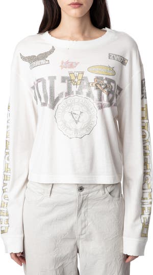 Zadig & Voltaire Rhinestone Logo Long Sleeve Cotton T-Shirt