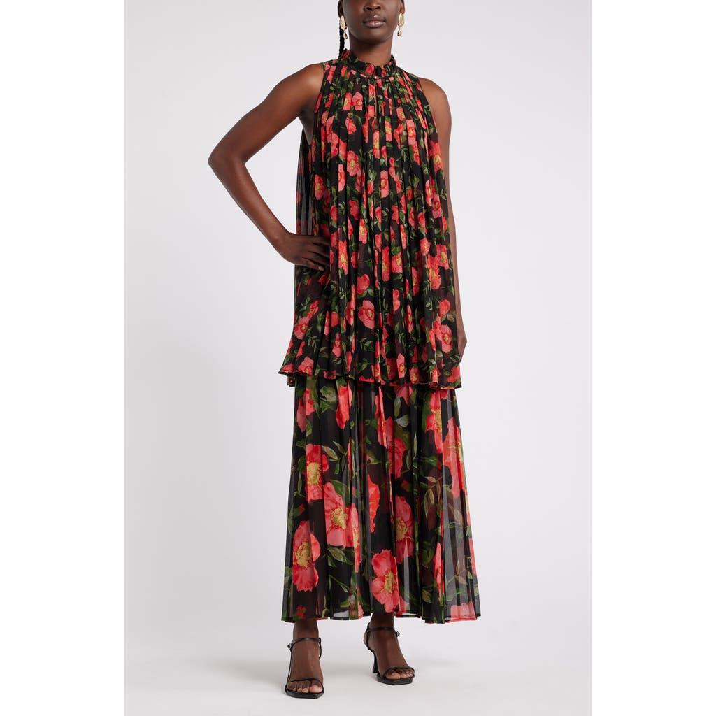 Nordstrom X Harlem's Fashion Row Harbison Floral Long Sleeve Pleat Maxi Dress In Black- Red Poppy Float