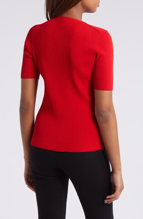 Shop Anne Klein Rib Snap Trim Short Sleeve Crewneck Sweater In Bright Crimson