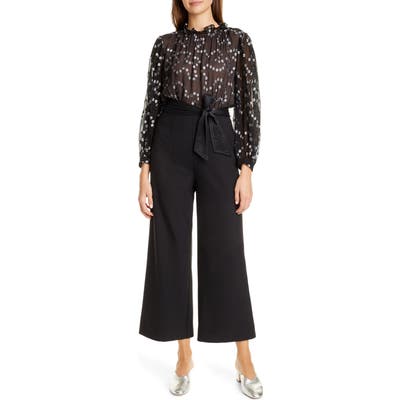 Rebecca Taylor Nuage Metallic Dot Mix Media Silk & Wool Blend Jumpsuit, Black