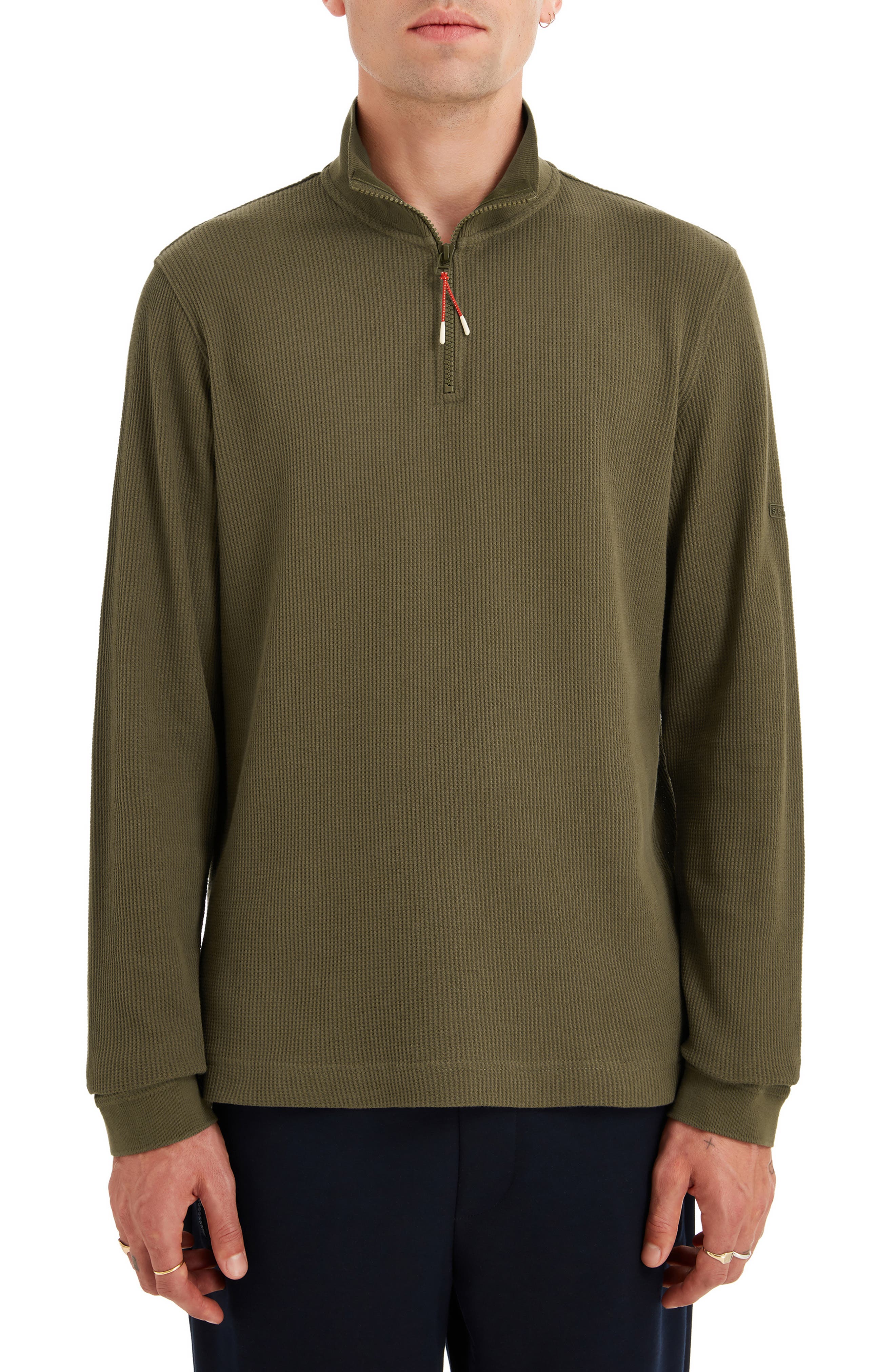 Sealskinz Forncet Waffle Stitch Organic Cotton Quarter Zip Pullover in Olive 
