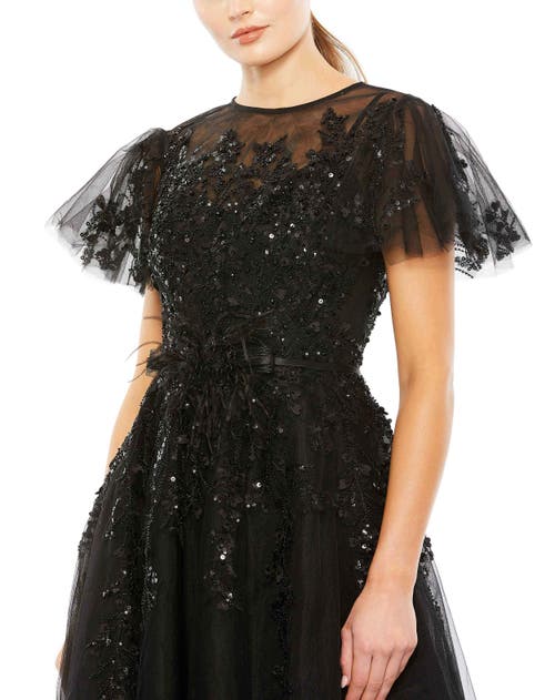 Mac Duggal Embellished Flutter Sleeve Bow Waist A Line Dress In Black