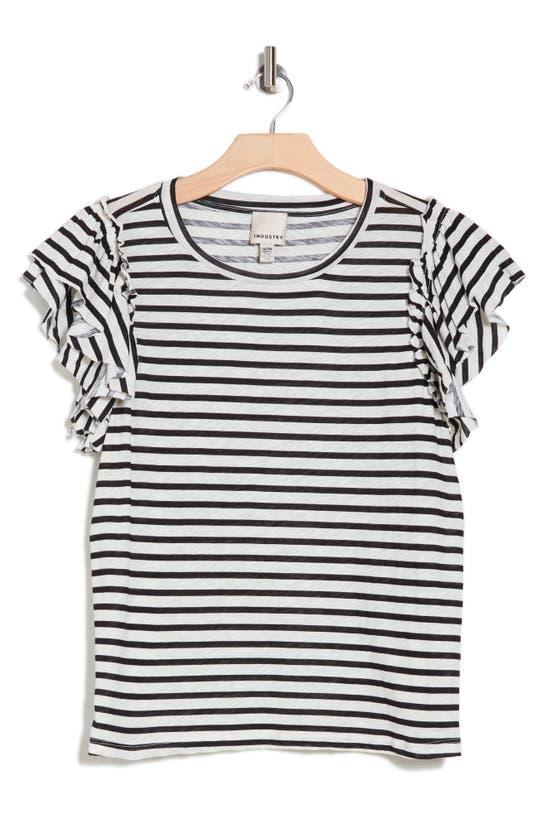 Industry Republic Clothing Double Flutter Ruffle Sleeve Pima Cotton T-shirt In Black/ Ivory Stripe