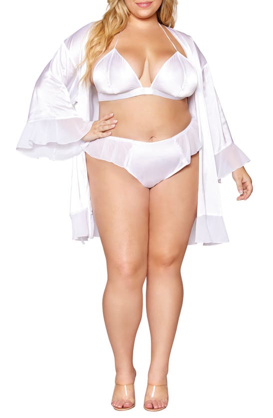 Dreamgirl Satin & Chiffon Bralette, Robe & Thong Set In White