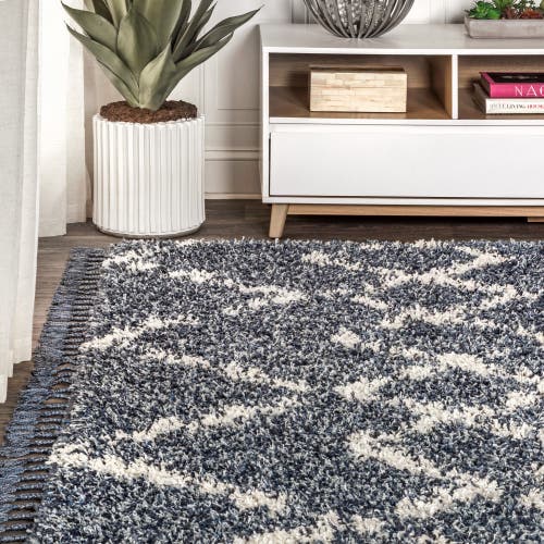 Jonathan Y Mercer Shag Plush Tassel Moroccan Geometric Trellis Area Rug In Blue/cream