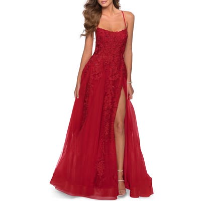 La Femme Glitter Embroidered Tulle Ballgown, Red