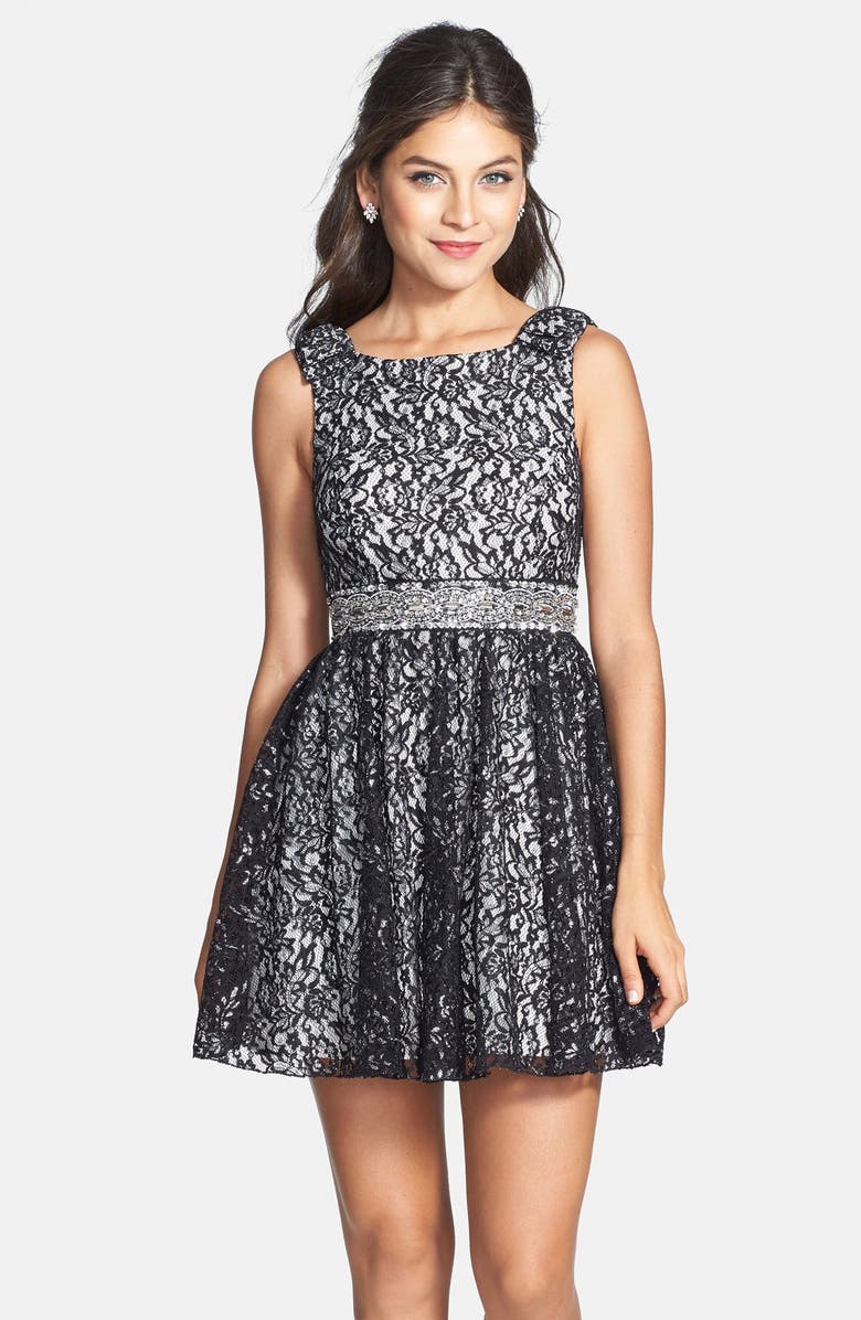 Sequin Hearts Bow Detail Metallic Lace Skater Dress (Juniors) | Nordstrom