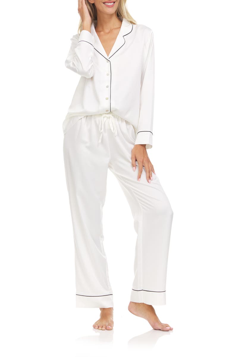 FLORA NIKROOZ Kamie Charmeuse Satin Pajamas, Main, color, IVORY - satin pajamas set for women