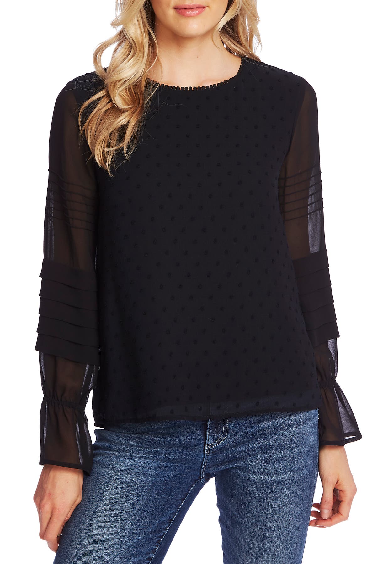 CeCe Mixed Media Clip Dot Blouse | Nordstrom