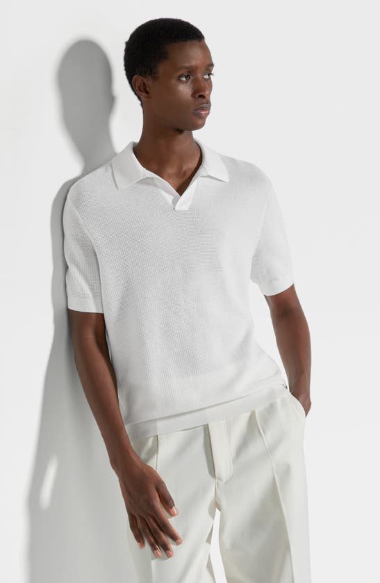 Shop Zegna Premium Cotton Waffle Stitch Polo Sweater In Bianco