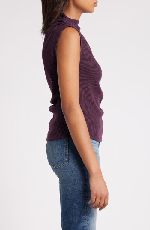 Wit & Wisdom Asymmetric Ruched Sleeveless Mock Neck Knit Top In Heather Concord Grape