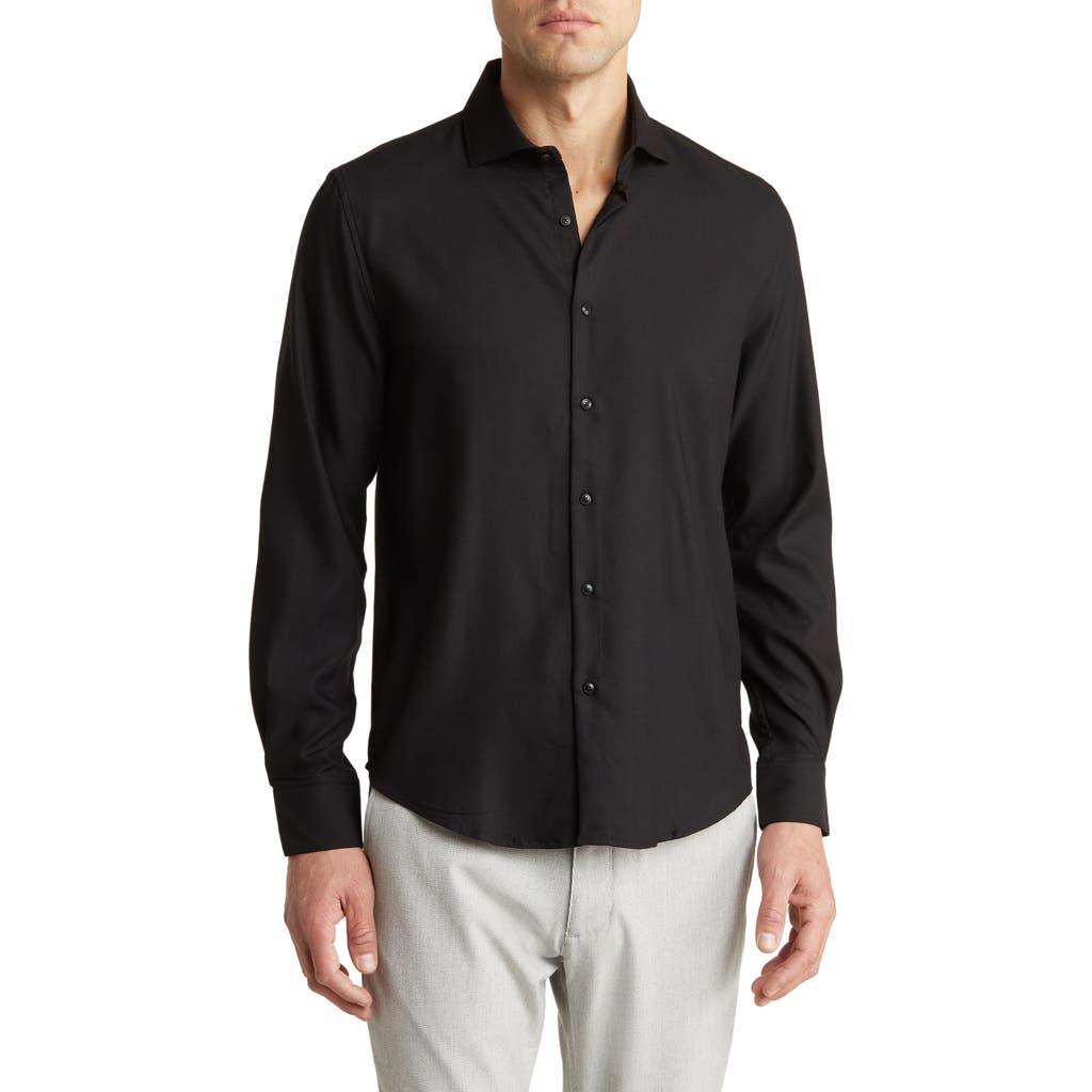 Shop Denim And Flower Solid Stretch Button-up Shirt In Black/geo Print