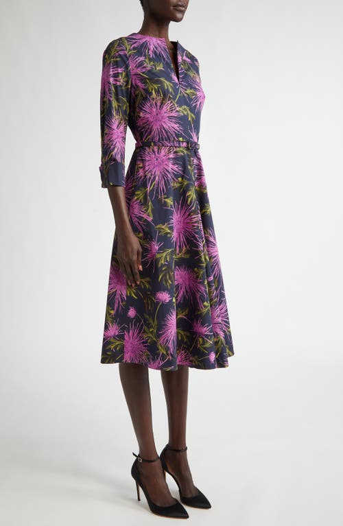 Shop Oscar De La Renta Floral Belted Split Neck Stretch Cotton Dress In Purple/navy