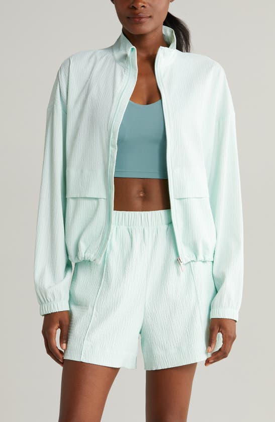 Shop Zella Saylor Crinkle Front Zip Jacket In Green Glimmer