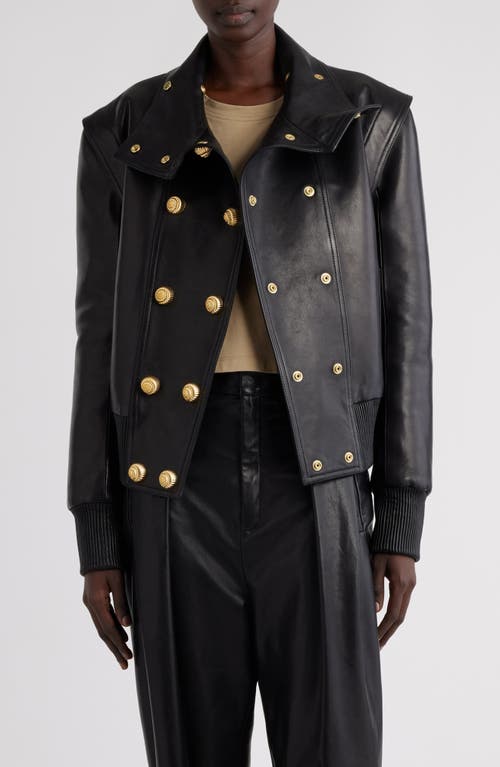 Shop Balmain High Collar Lambskin Bomber Jacket In Black