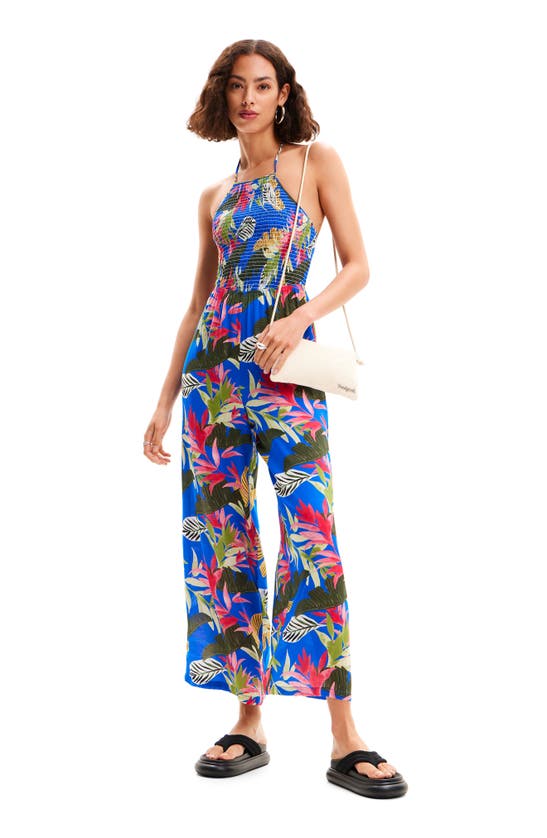 Shop Desigual Tropical Halter Neck Jumpsuit In Blue